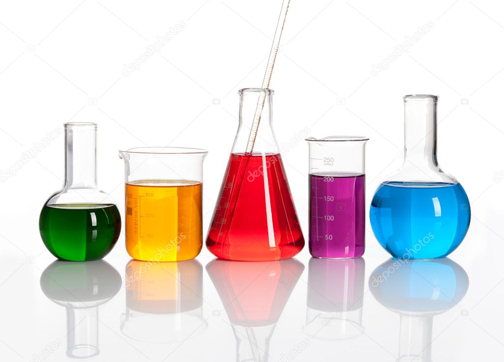 Group of glass flasks with a colored liqiuds
