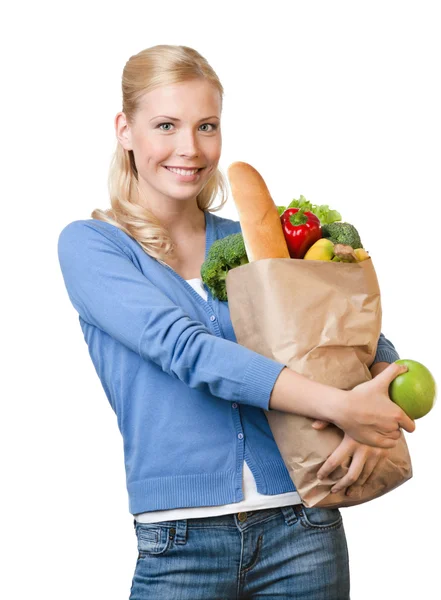 Bir çanta dolusu sağlıklı beslenme ile genç güzel kadın — Stok fotoğraf