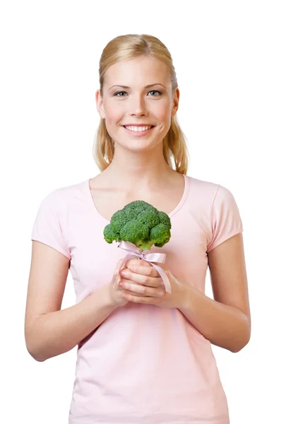 Donna attraente con broccoli in mano — Foto Stock