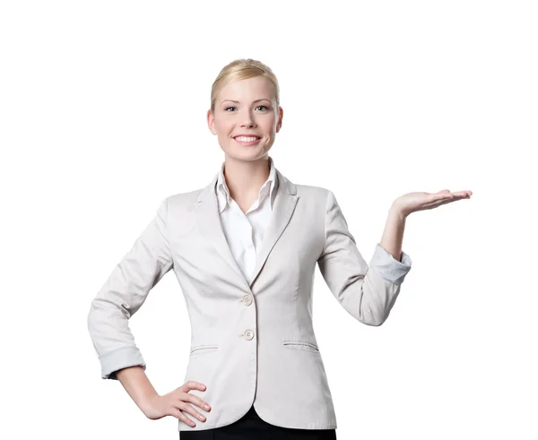 Attractive businesswoman offers something — Stock Photo, Image
