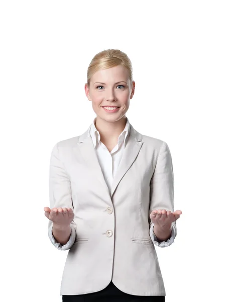 Young attractive businesswoman offers something — Stock Photo, Image