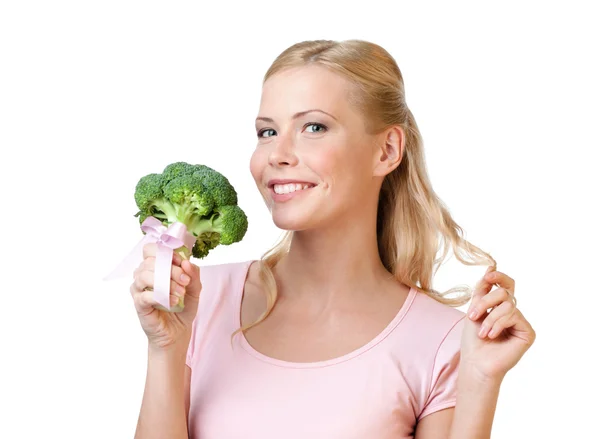 Krásná žena hospodářství brokolice — Stock fotografie
