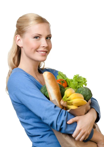 Krásná žena s taškou plnou zdravých potravin — Stock fotografie