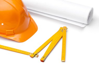 Orange hard hat, druft and foot rule clipart