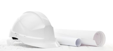 White hard hat near working drawings, isolated on white clipart