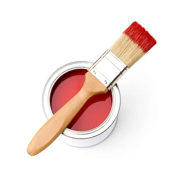 Full of red paint tin, paintbrush — Stock Photo, Image
