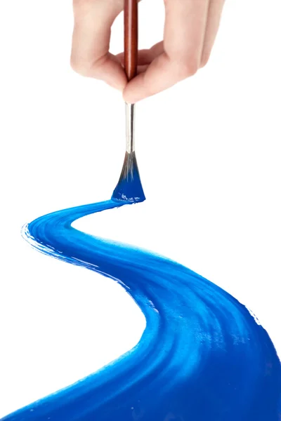 Hand draws blue curve line on white — Stock Photo, Image