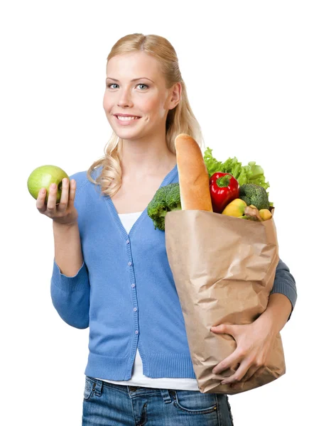 Ung kvinna med en väska full med sunda matvanor — Stockfoto