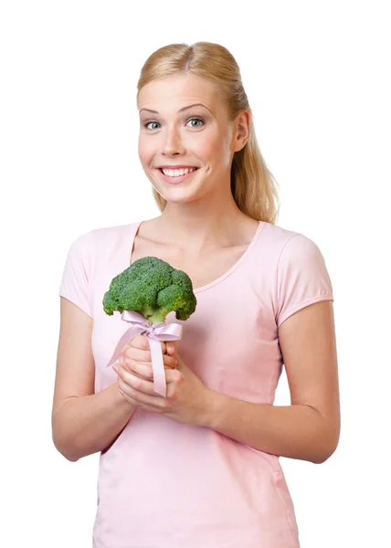 Mulher bonita segurando brócolis — Fotografia de Stock