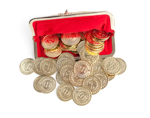 Le monete d'argento e d'oro sparse sono in borsa rossa, isolate su sfondo bianco — Foto Stock