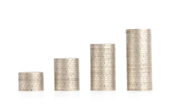 Silver coins stand vertically in columns, space between the columns — Stock Photo, Image