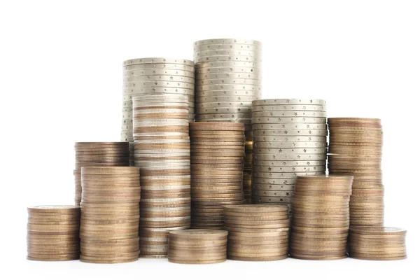 Mixture of gold, bronze and silver coins stands vertically in columns — Stock Photo, Image