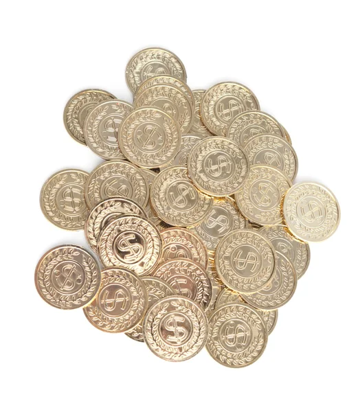 Monete d'oro sparse, isolate su sfondo bianco — Foto Stock