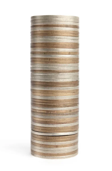 Mixture of gold, bronze and silver coins stands vertically in column — Stock Photo, Image