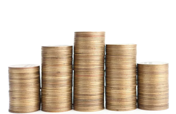 Bronze coins stand vertically in columns — Stock Photo, Image