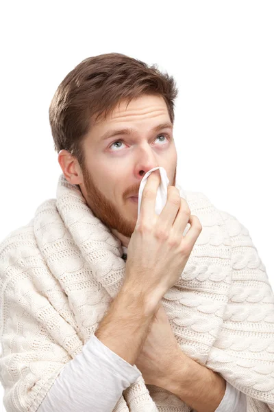 Sick young man holding wipes — Stock Photo, Image