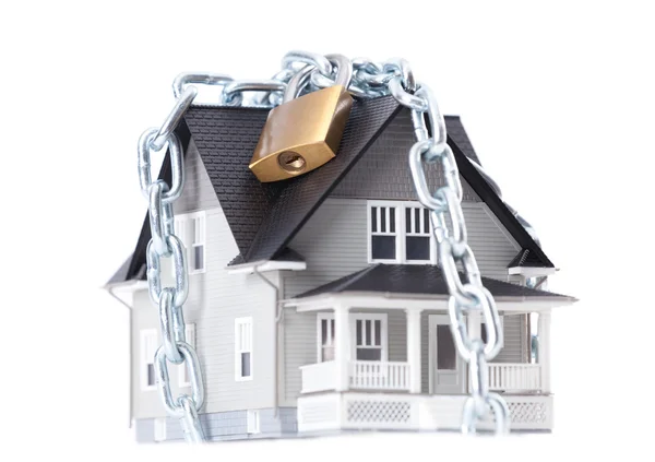 Chain with lock around the house architectural model — Stock Photo, Image