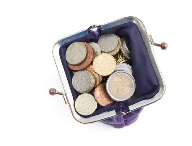 Violet purse is full of silver, bronze and gold coins, isolated on white background clipart