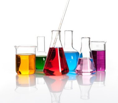 Various laboratory flasks with a colored liqiuds clipart