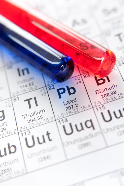 Två laboratorium provrör närbild på periodiska systemet — Stockfoto