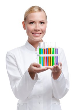 Lab assistant holds test-tubes rack clipart