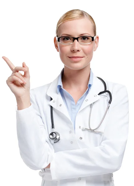 眼鏡の医師は、ポインティング指のジェスチャ — ストック写真