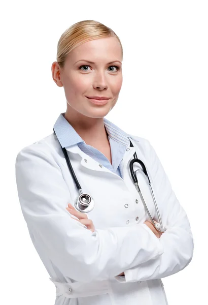 Улыбающаяся женщина-доктор со стетоскопом — стоковое фото