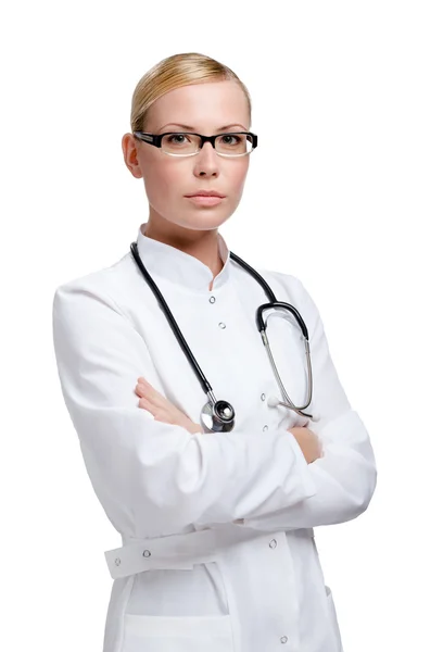 Серьезный врач со стетоскопом — стоковое фото