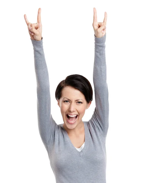 Glada vackra kvinnan sätter händerna upp — Stockfoto