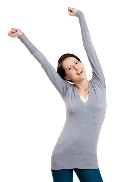 Pretty young girl puts her hands up — Stock Photo, Image