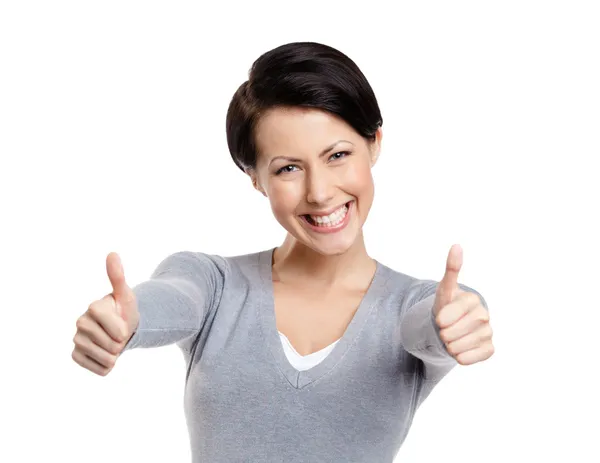 Pretty girl gives thumbs up — Stock Photo, Image
