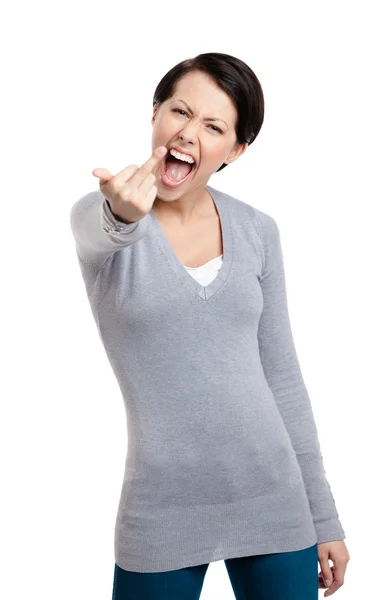 Mulher atraente mostra um sinal de dedo vulgar — Fotografia de Stock