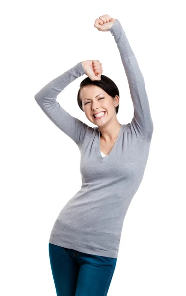 Beautiful girl gesturing triumphal fists is happy — Stock Photo, Image