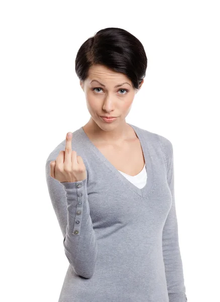 Mulher atraente mostra um sinal de dedo obsceno — Fotografia de Stock