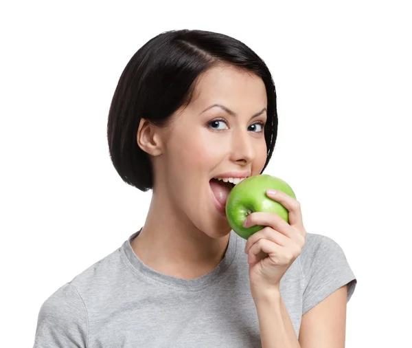 Yeşil elma bayanla genç vejetaryen — Stok fotoğraf