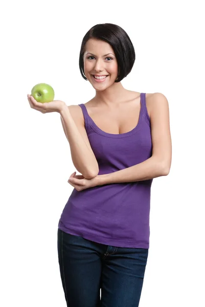 Weighting loss lady with green apple Royalty Free Stock Photos