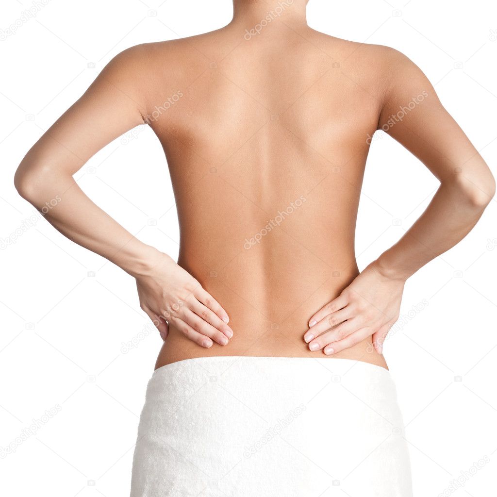 Back pain concept - Beautiful nude woman with huge boobs has back pain  Stock Illustration