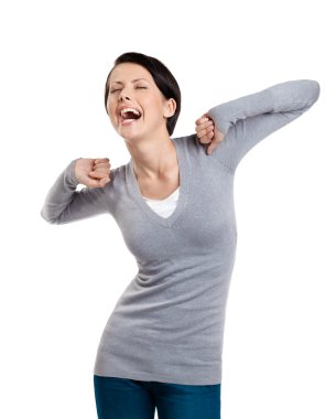 Laughing woman stretches herself clipart