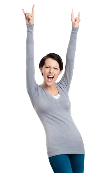Glad pretty woman puts her hands up — Stock Photo, Image