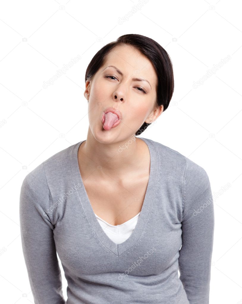 Pretty woman shoots out tongue
