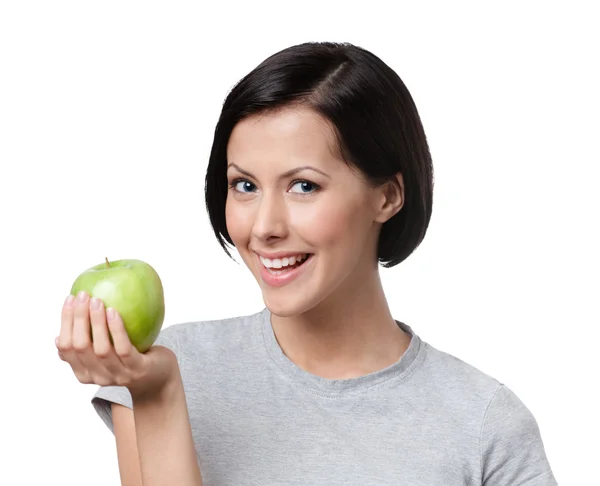 Giovane signora con una mela verde stupro — Foto Stock