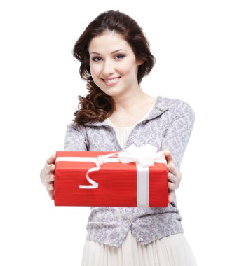 Young woman proffers a gift clipart