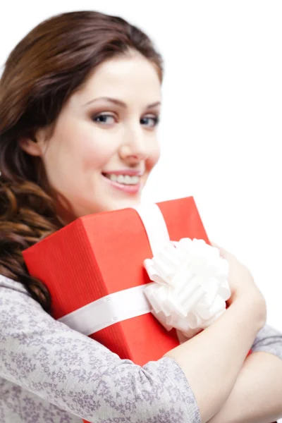 Fiatal nő kezet egy karácsony ajándék — Stock Fotó