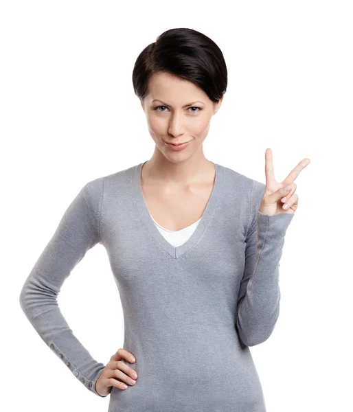 Buźka kobieta gesty znak pokoju — Zdjęcie stockowe