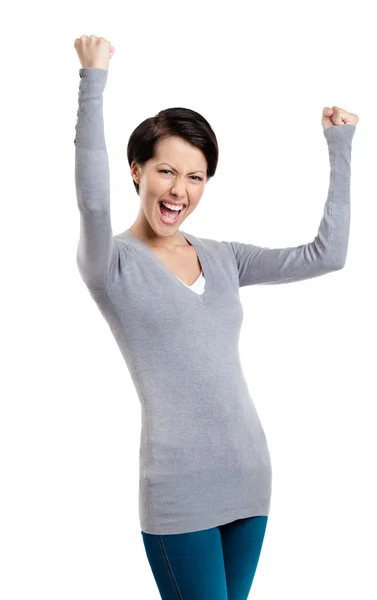 Beautiful girl yes gesturing is happy — Stock Photo, Image