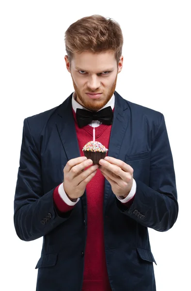 Angry man in blue suit with bow tie — Stock Photo, Image