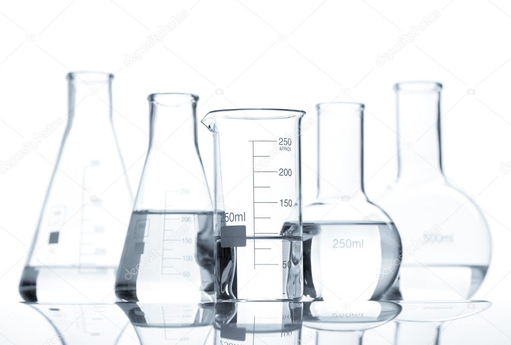 Five classic laboratory flasks with a clear liquid