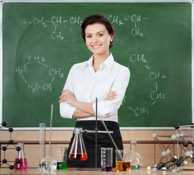 Smiley chemistry teacher is surrounded with chemical glassware clipart