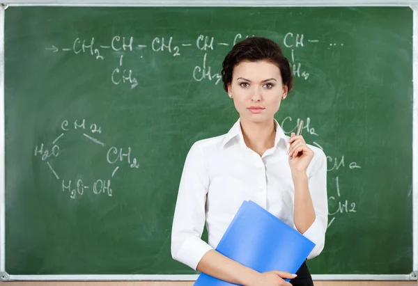 Serious teacher stands at the blackboard while holding notebook — Stock Photo, Image