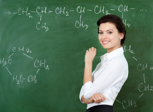 Smiley teacher hands chalk standing at the blackboard